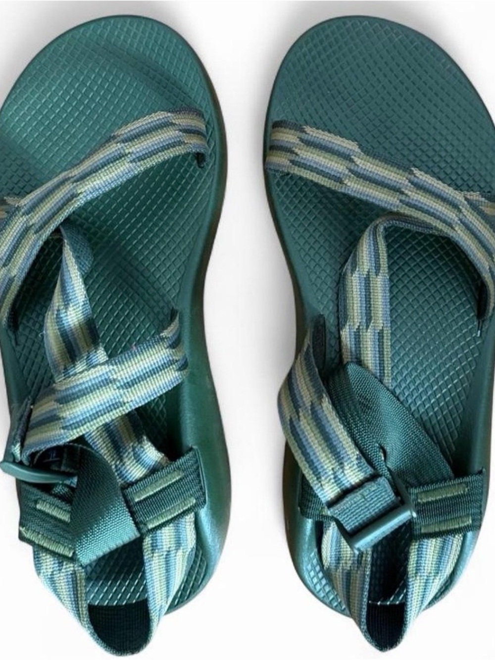Chaco Teal Green Strappy Sandals with tans and gray-Striped Webbing